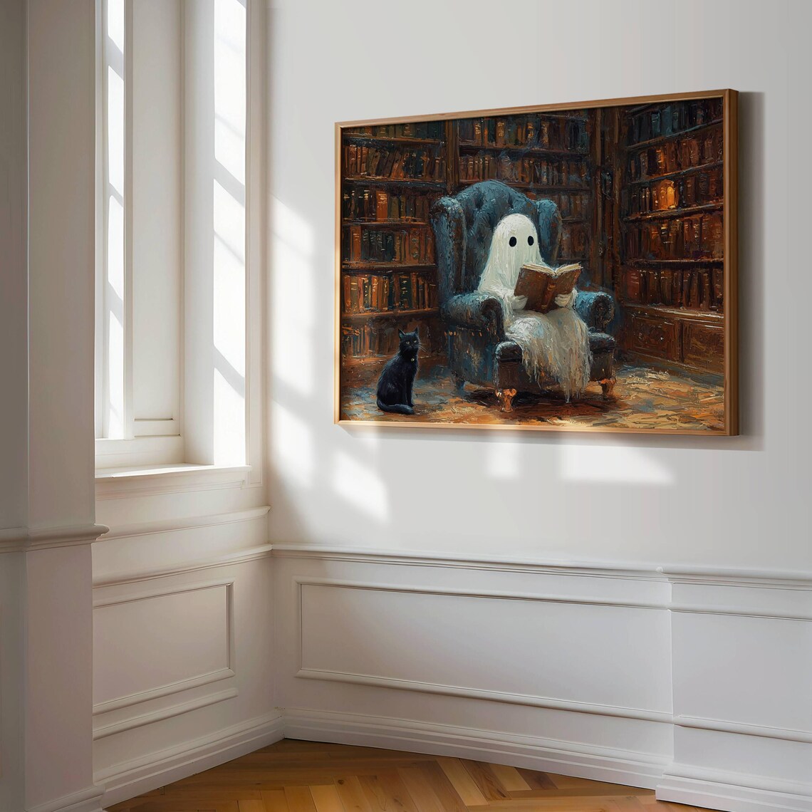 Sweet Ghost Reading a Book in a Cozy Candlelit Library Armchair Poster - Image 6