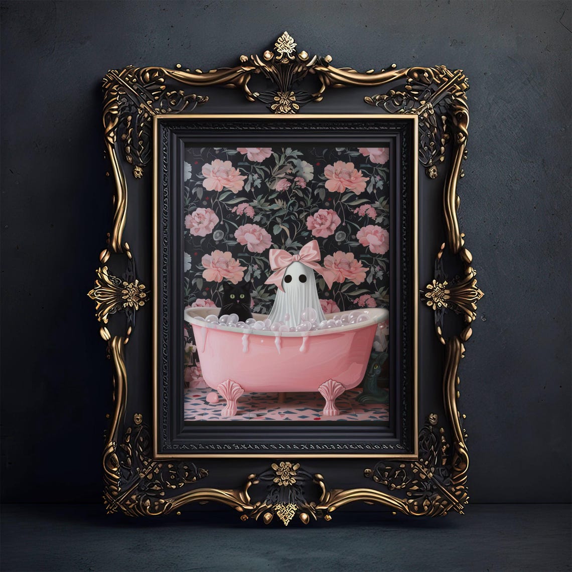 Ghost With a Pink Bow and Black Cat in a Pink Bubble Bath Poster