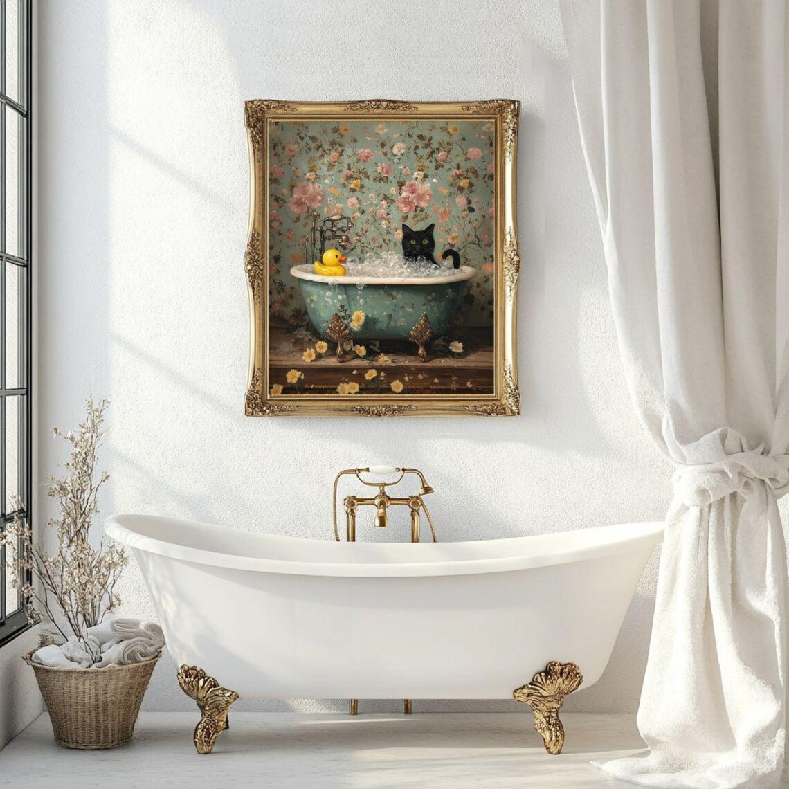 Black Cat and Rubber Duck Bubble Bath Cat Art Print - Image 2