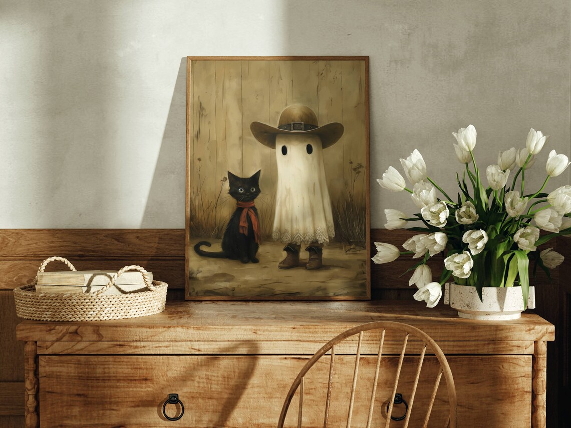 Cowboy Ghost And Black Cat Halloween Art Print - Image 3