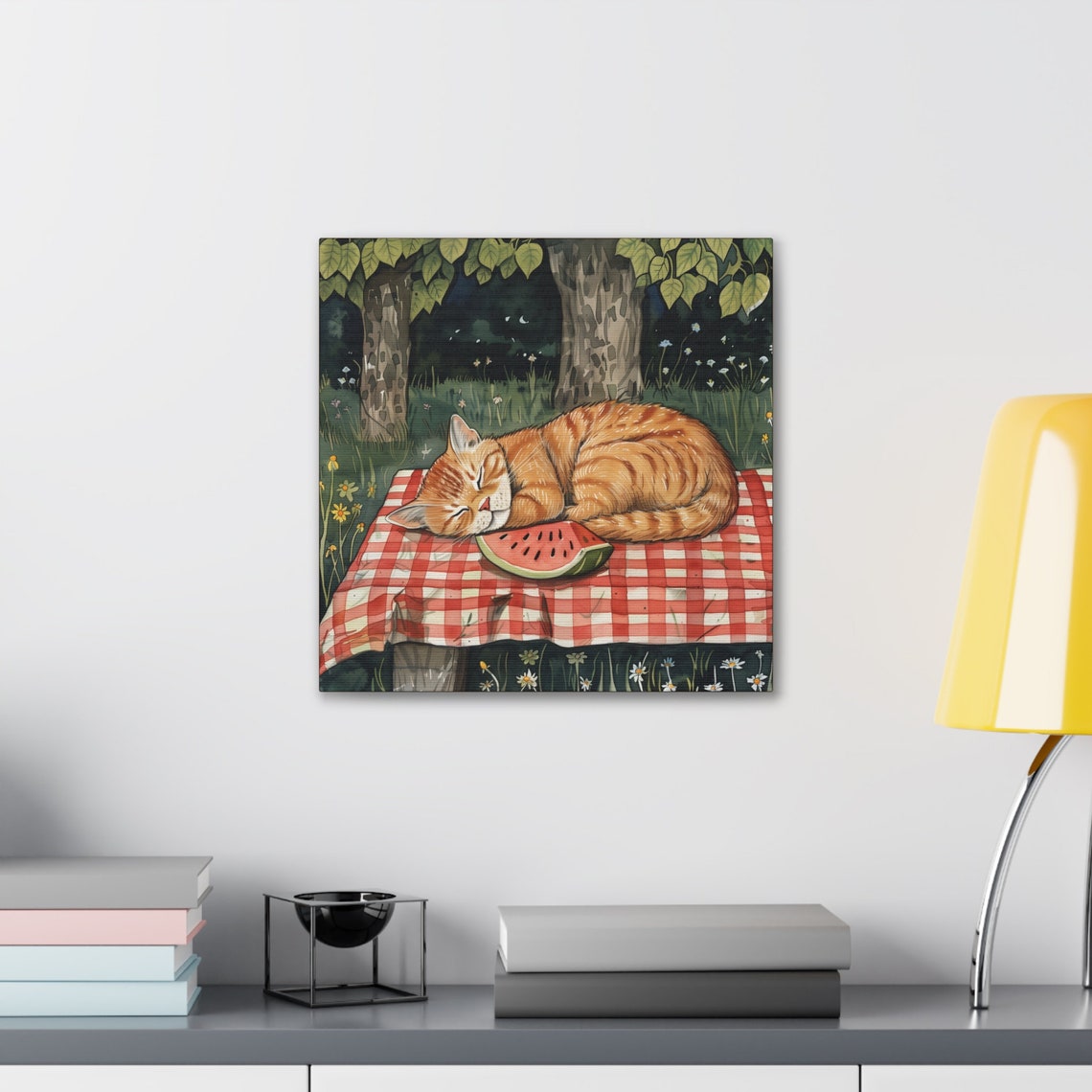 Ginger Cat Sleeping on Picnic Blanket With Watermelon Slice Poster - Image 5