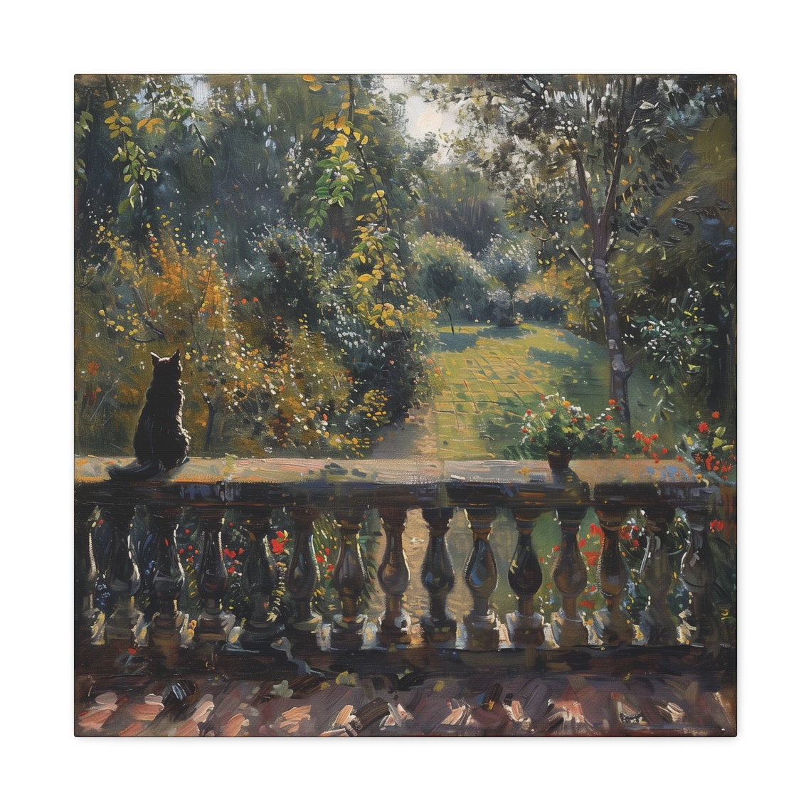 Black Cat Overlooking A Sunlit Garden From A Stone Balcony Poster - Image 2