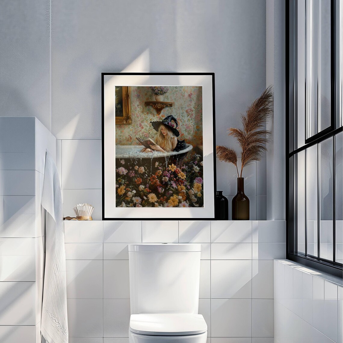 Witch Reading in Bubble Bath With Black Cat, Poster - Image 2