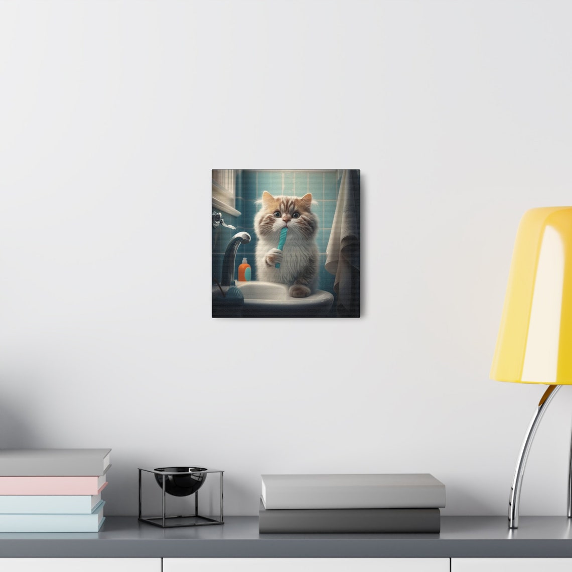 Fluffy Cat Brushing Teeth in a Blue Tile Bathroom Sink Poster - Image 5