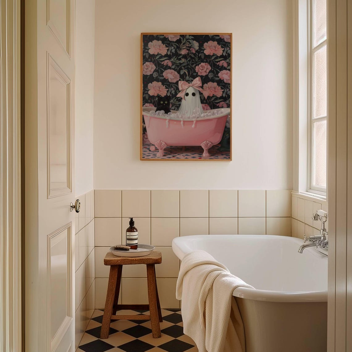 Ghost With a Pink Bow and Black Cat in a Pink Bubble Bath Poster - Image 3