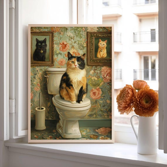 Calico Cat On Toilet Poster Funny Bathroom Wall Art With Vintage Floral Decor Bath Quirky Lover Gift Unframed