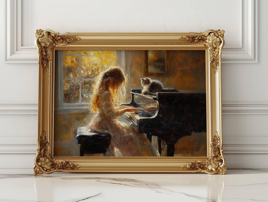Girl Playing Piano With Her Cat, Music Room Art Print
