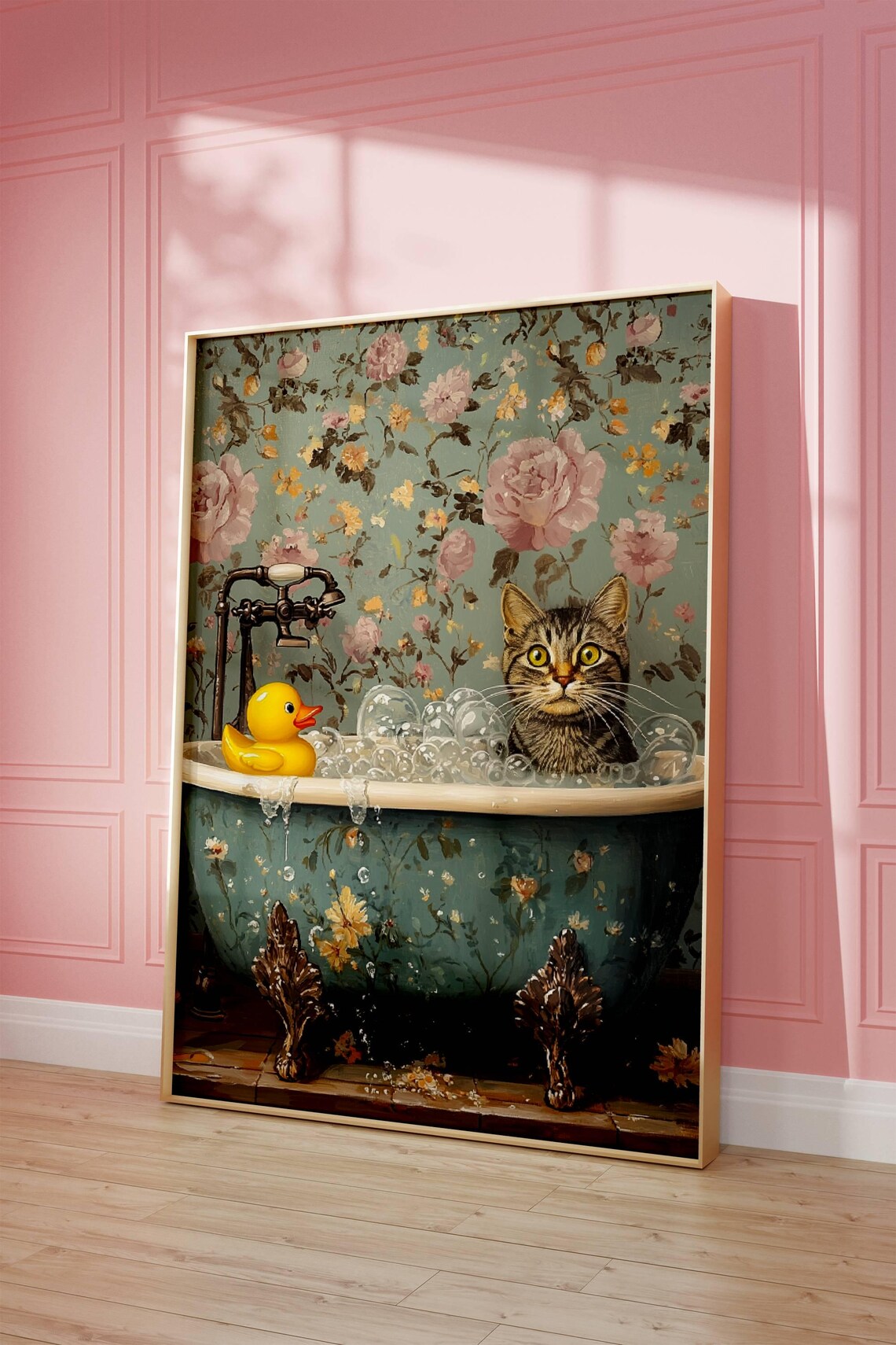 Gray Tabby Cat With Rubber Duck Bathroom Art Print - Image 5
