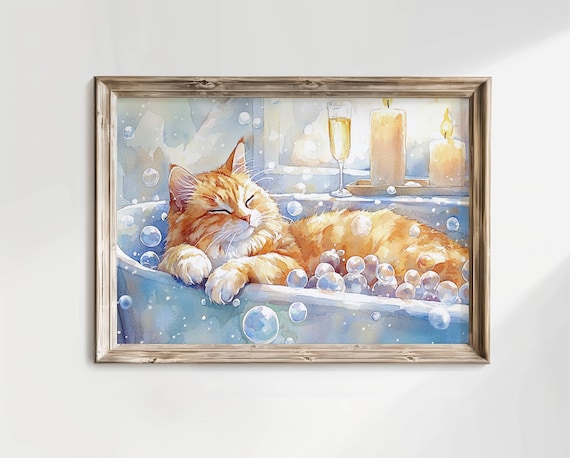 Ginger Cat Bubble Bath Watercolor Whimsy Bathroom Cat Poster