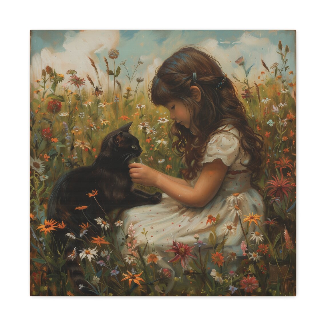Little Girl and Black Cat in Wildflower Meadow Oil Painting Poster - Image 2