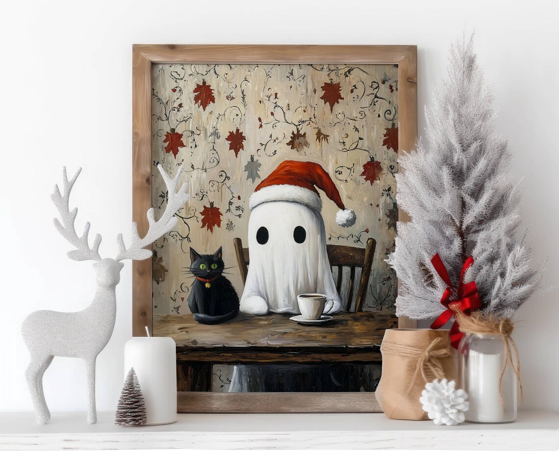 Christmas Ghost and Black Cat, Whimsigoth Art Print - Image 3