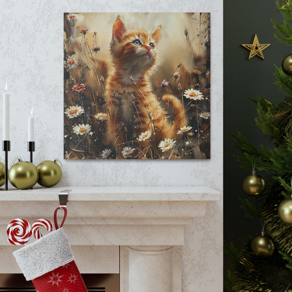 Orange Kitten Looking Up in a Daisy Wildflower Meadow Poster - Image 2