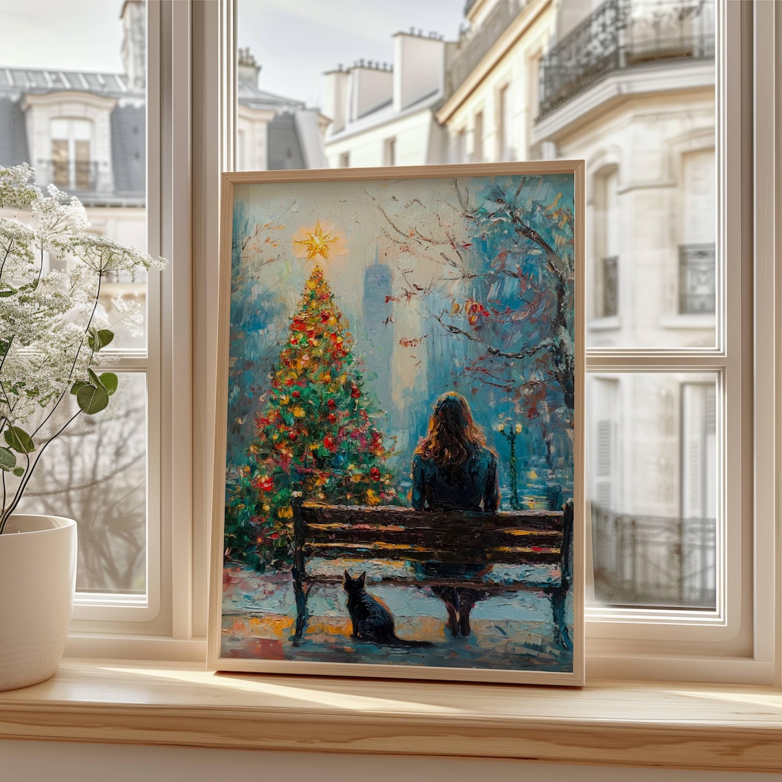 Woman in City Park, Impressionist Christmas Art Print