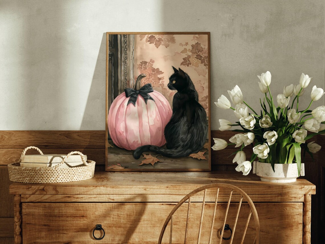 Coquette Black Cat and Pink Pumpkin Whimsigoth Art Print - Image 3