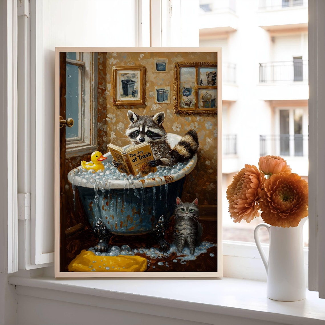 Raccoon Reading in Bathtub Funny Bathroom Wall Art