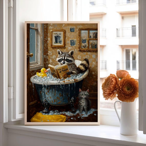 Raccoon Reading in Bathtub Funny Bathroom Wall Art