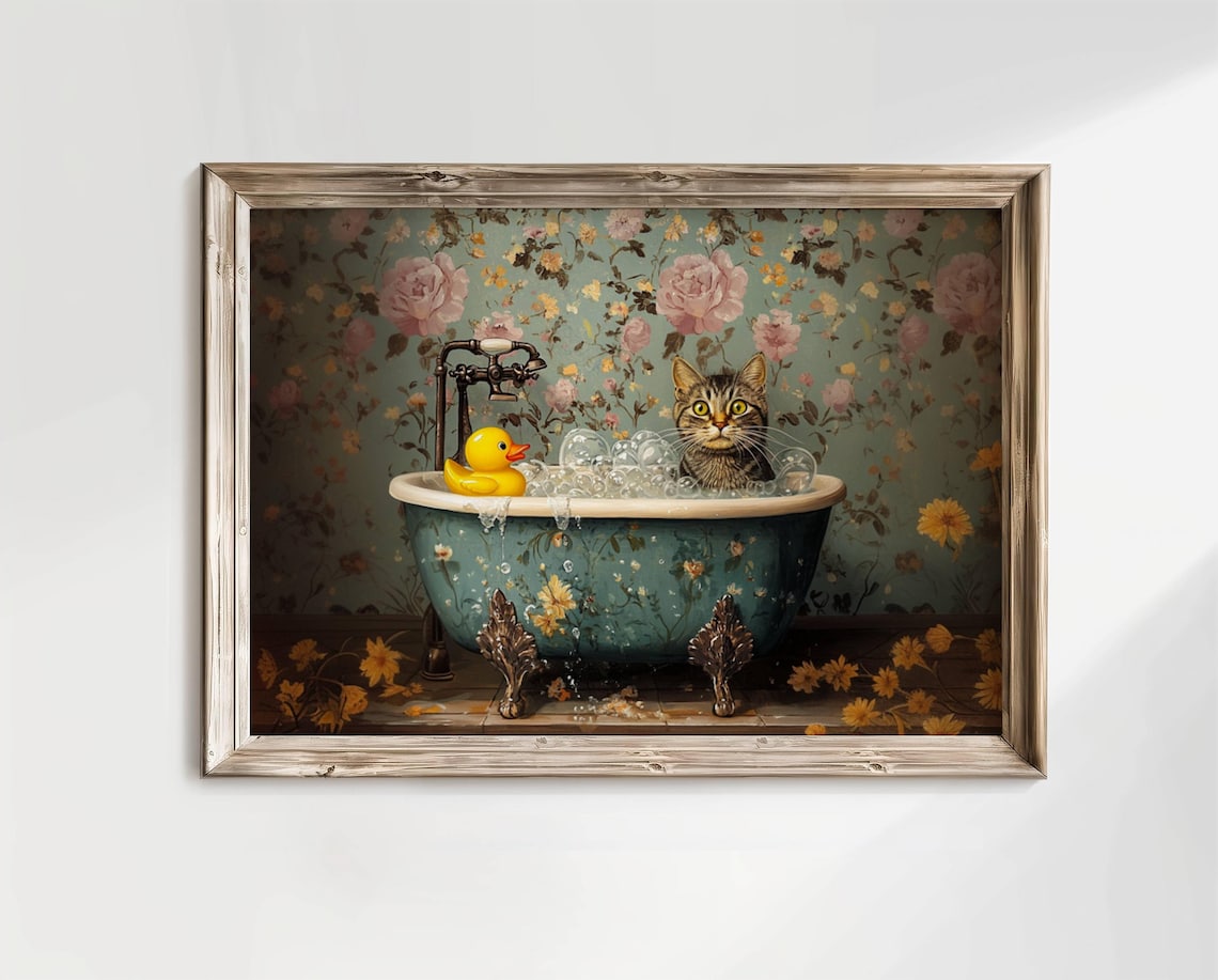 Gray Tabby Cat With Rubber Duck, Bathroom Art Print