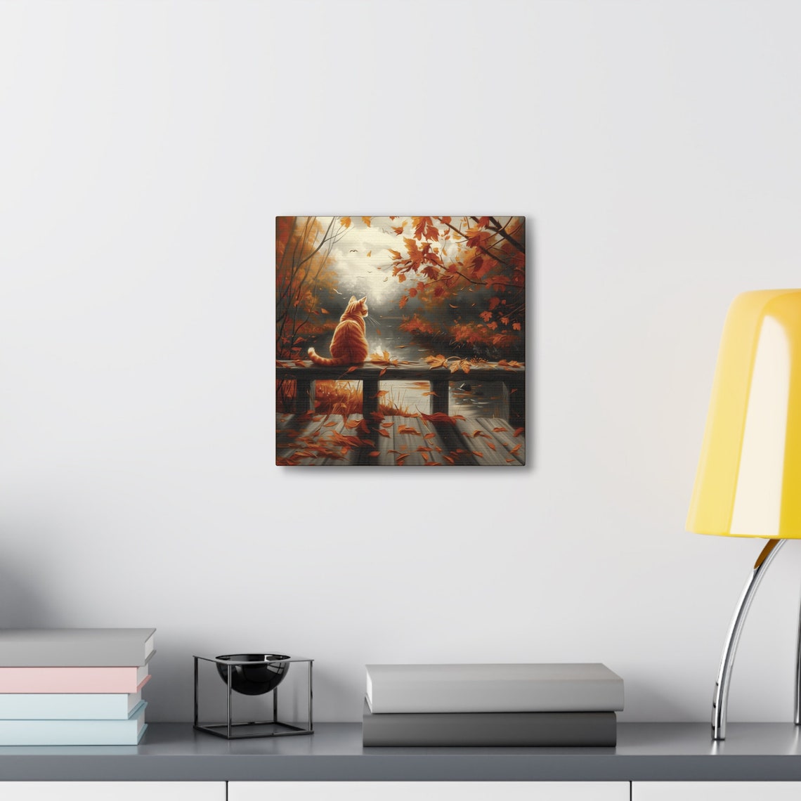 Orange Cat on Autumn Bridge Watching Fall Lake Leaves Painting Poster - Image 6