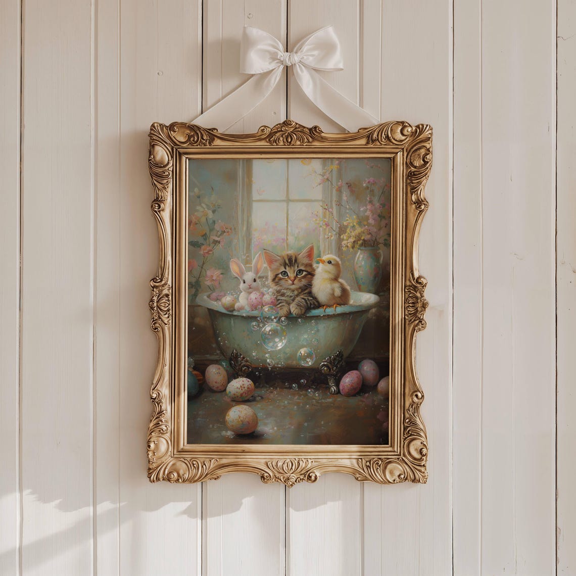 Tabby Kitten Bunny and Chick in a Floral Easter Bubble Bath Poster - Image 2
