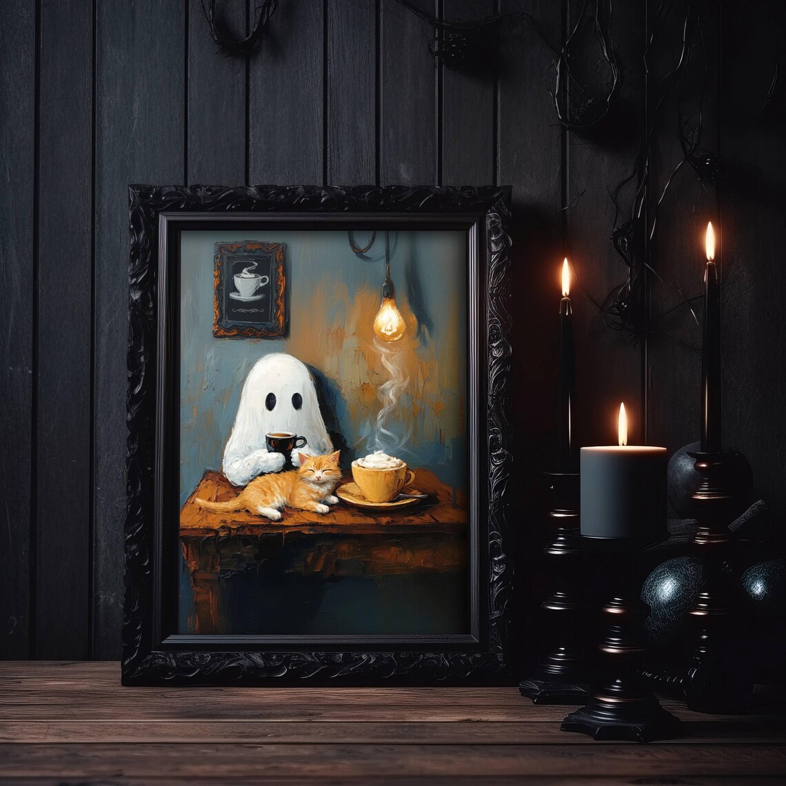 Ghost And Cat Coffee Break, Whimsigoth Kitchen Art Print - Image 2