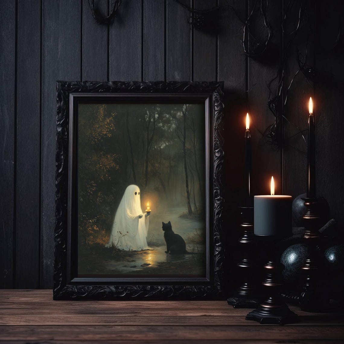 Ghost Holding A Candle In A Dark Forest Beside A Black Cat Poster - Image 6