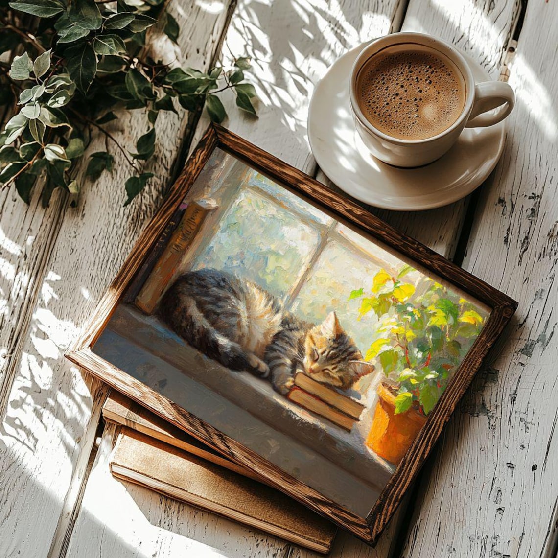 Tabby Cat Sleeping on Books, Bookish Art Print - Image 2