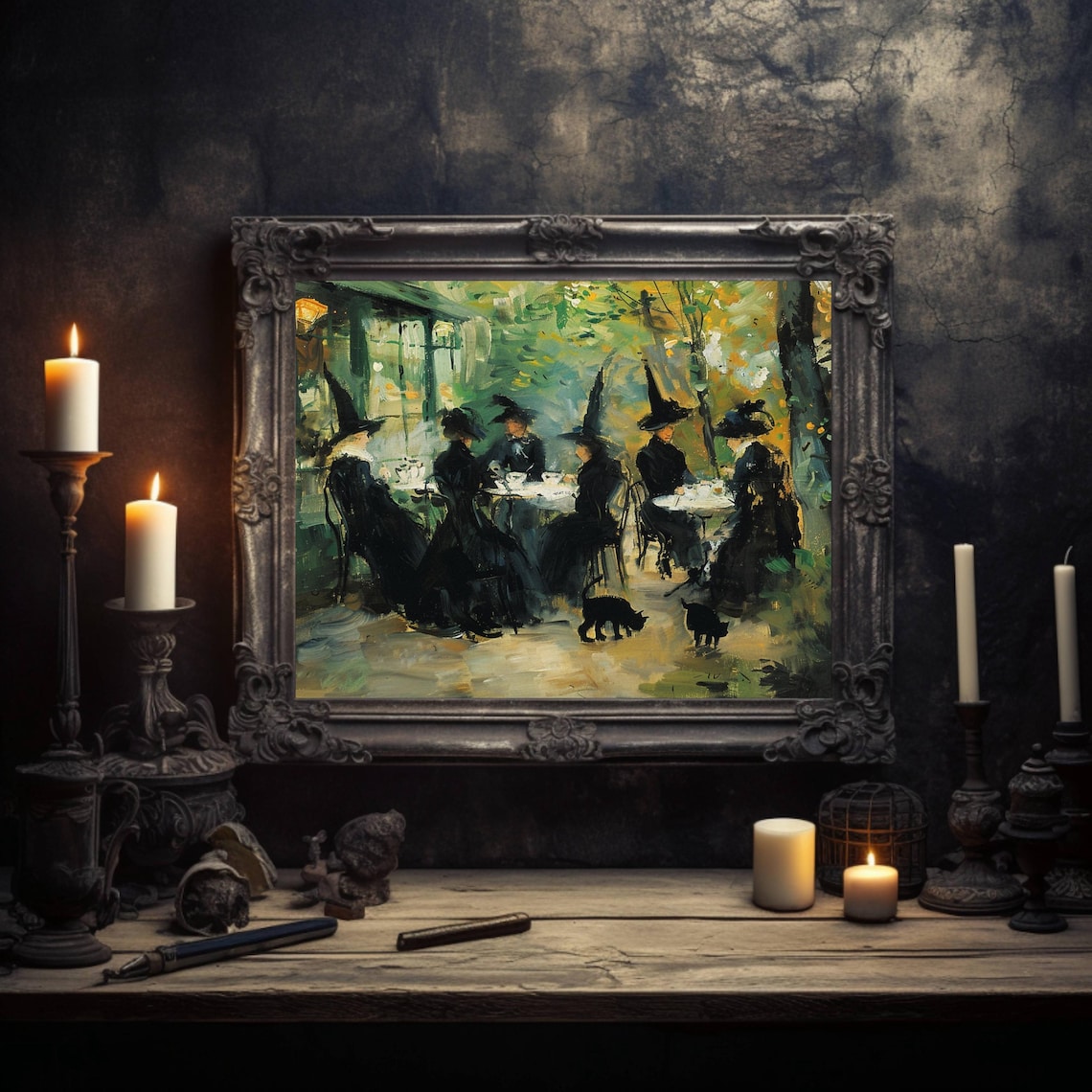 Witch Cafe Halloween Impressionist Witches Art Print