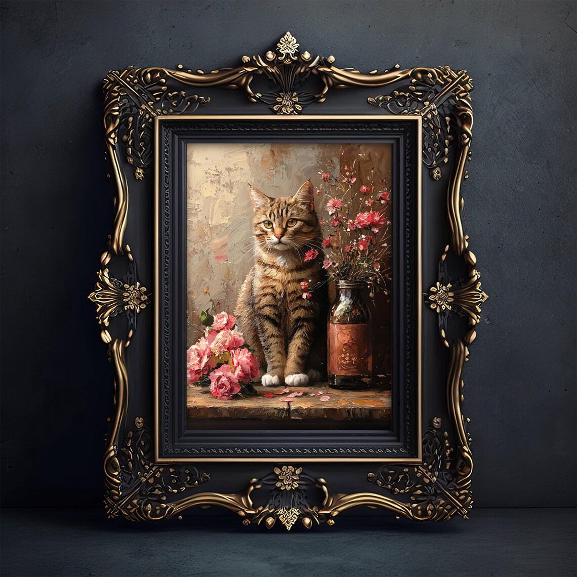 Regal Tabby Cat Sitting Gracefully Among Pink Roses and a Vintage Bottle Poster - Image 3