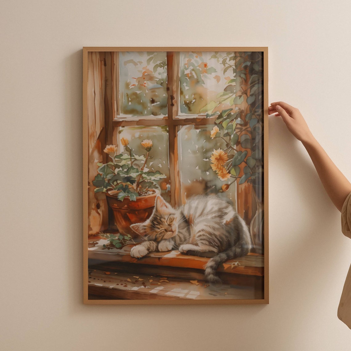 Sleeping Gray Tabby Kitten On A Windowsill Watercolor Poster - Image 3