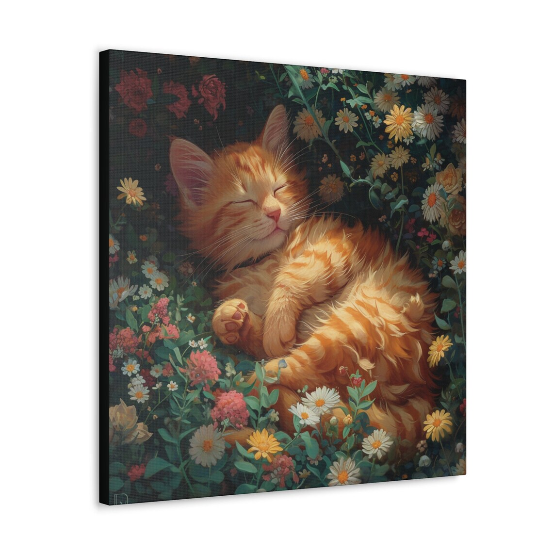 Orange Kitten Curled Up Asleep in a Dark Wildflower Bed Poster - Image 5