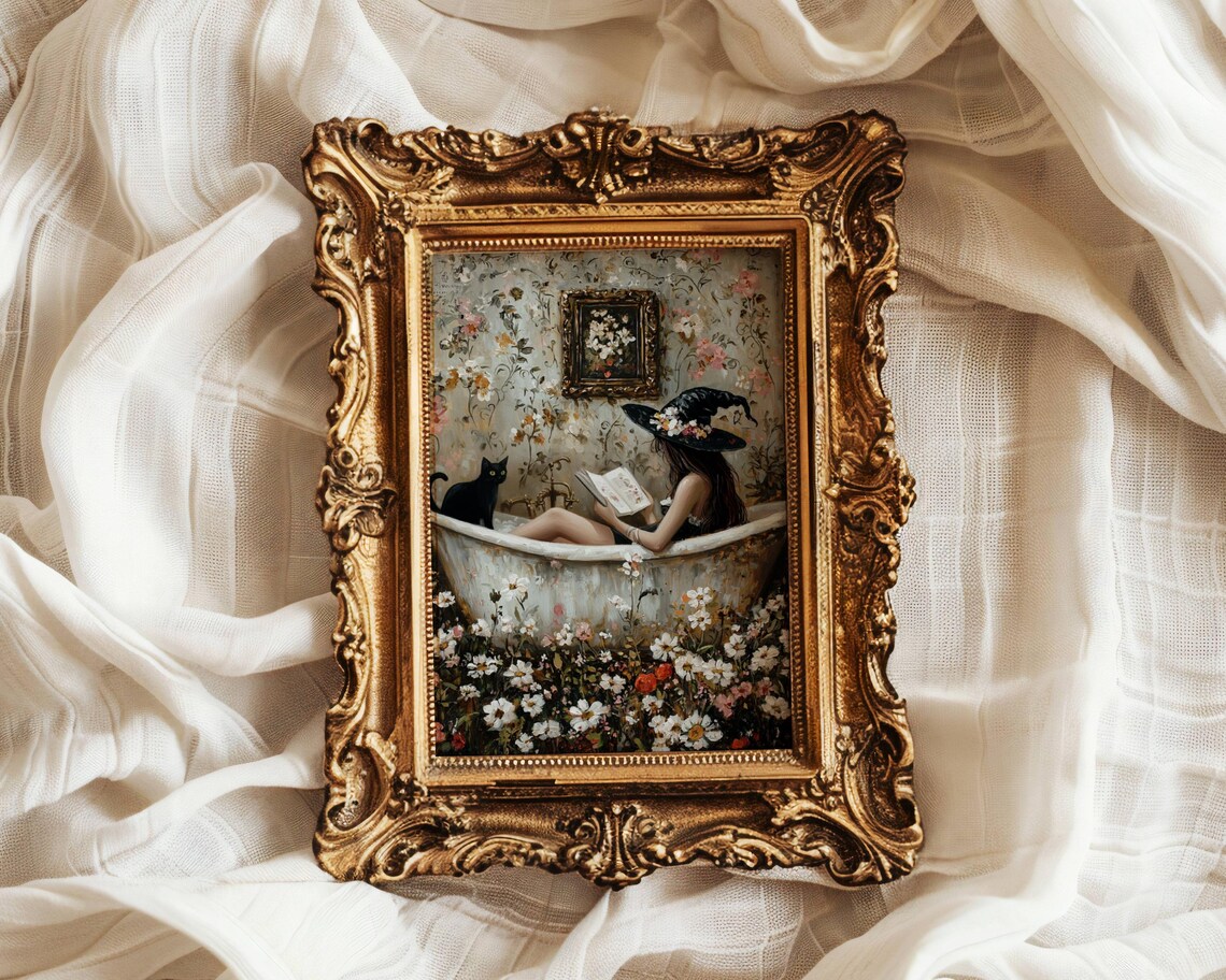Witch Reading in Bathtub Cat Wall Art Poster - Image 7