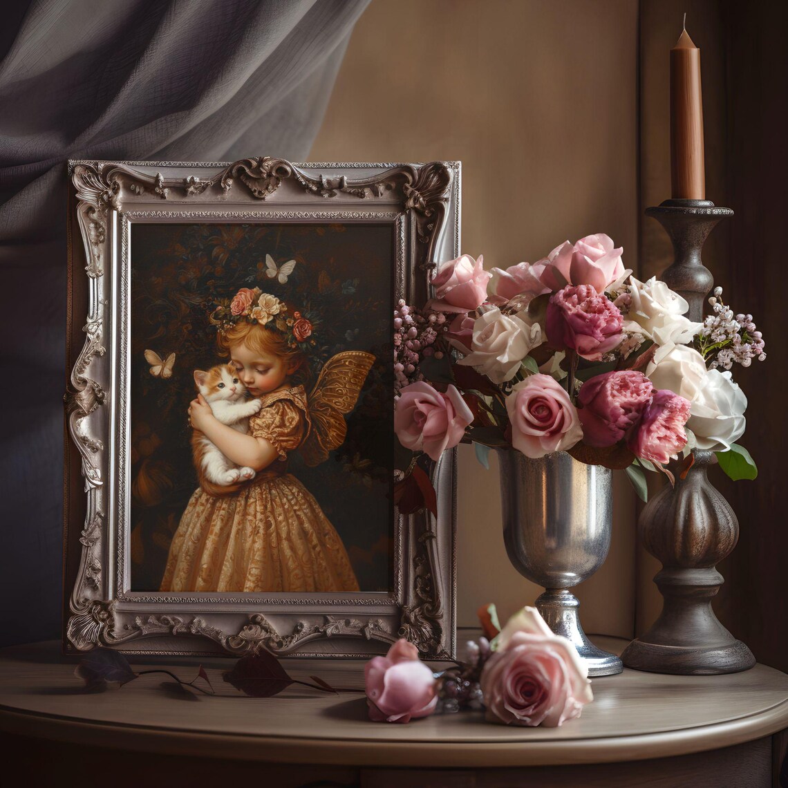 Victorian Fairy Girl Hugging a Kitten Among Butterflies Poster - Image 5