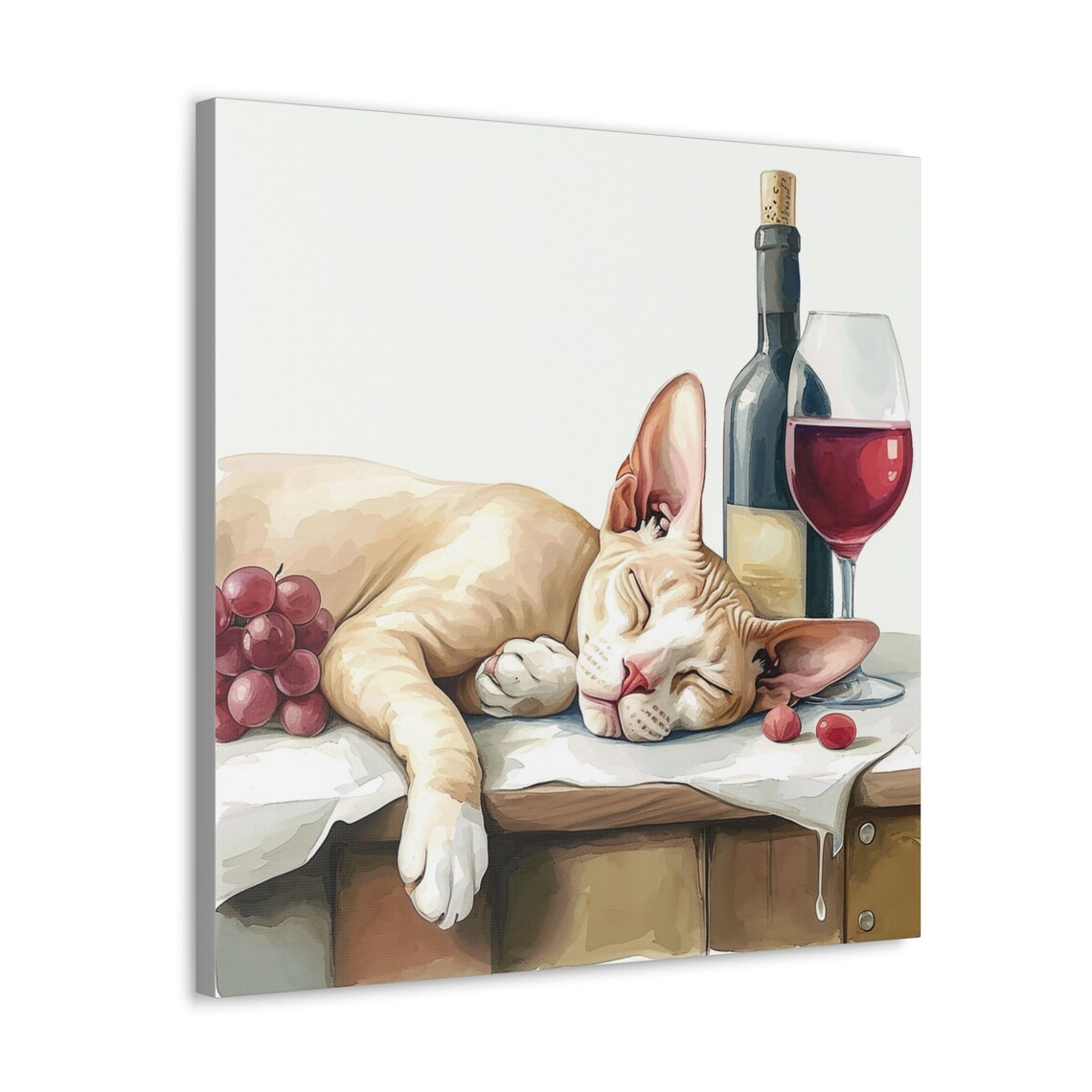 Hairless Sphynx Cat Napping Beside Wine Bottle and Grapes Poster - Image 4