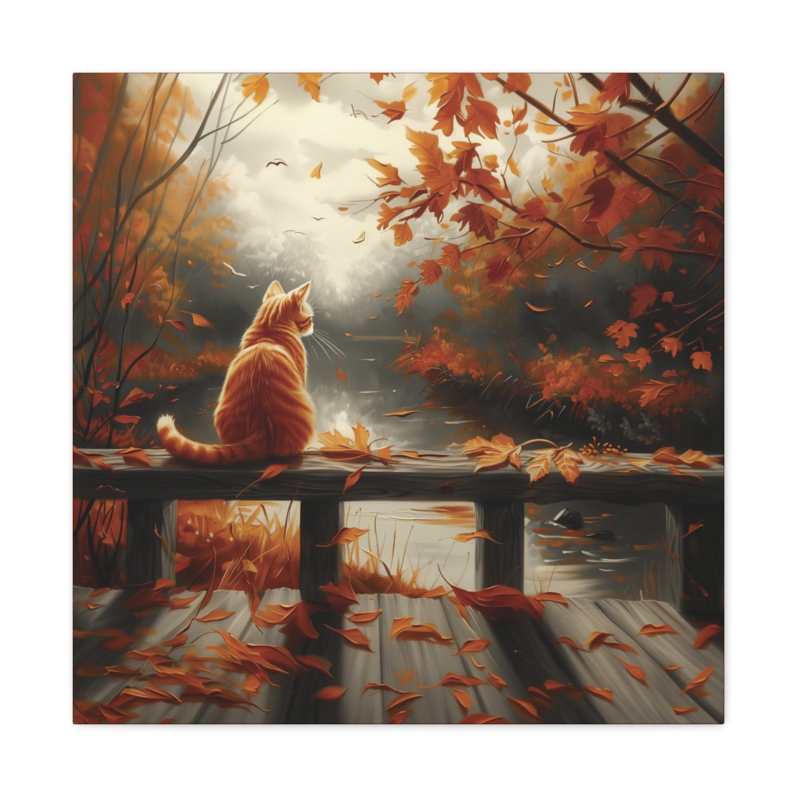 Orange Cat on Autumn Bridge Watching Fall Lake Leaves Painting Poster - Image 2