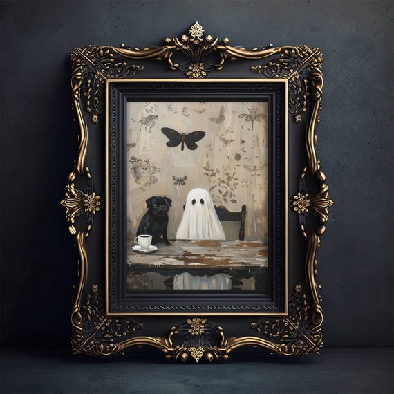 Ghost And Black Pug Coffee Time Wall Art Print