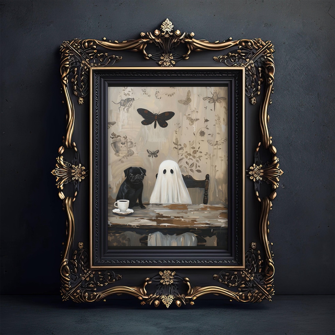 Ghost And Black Pug Coffee Time Wall Art Print