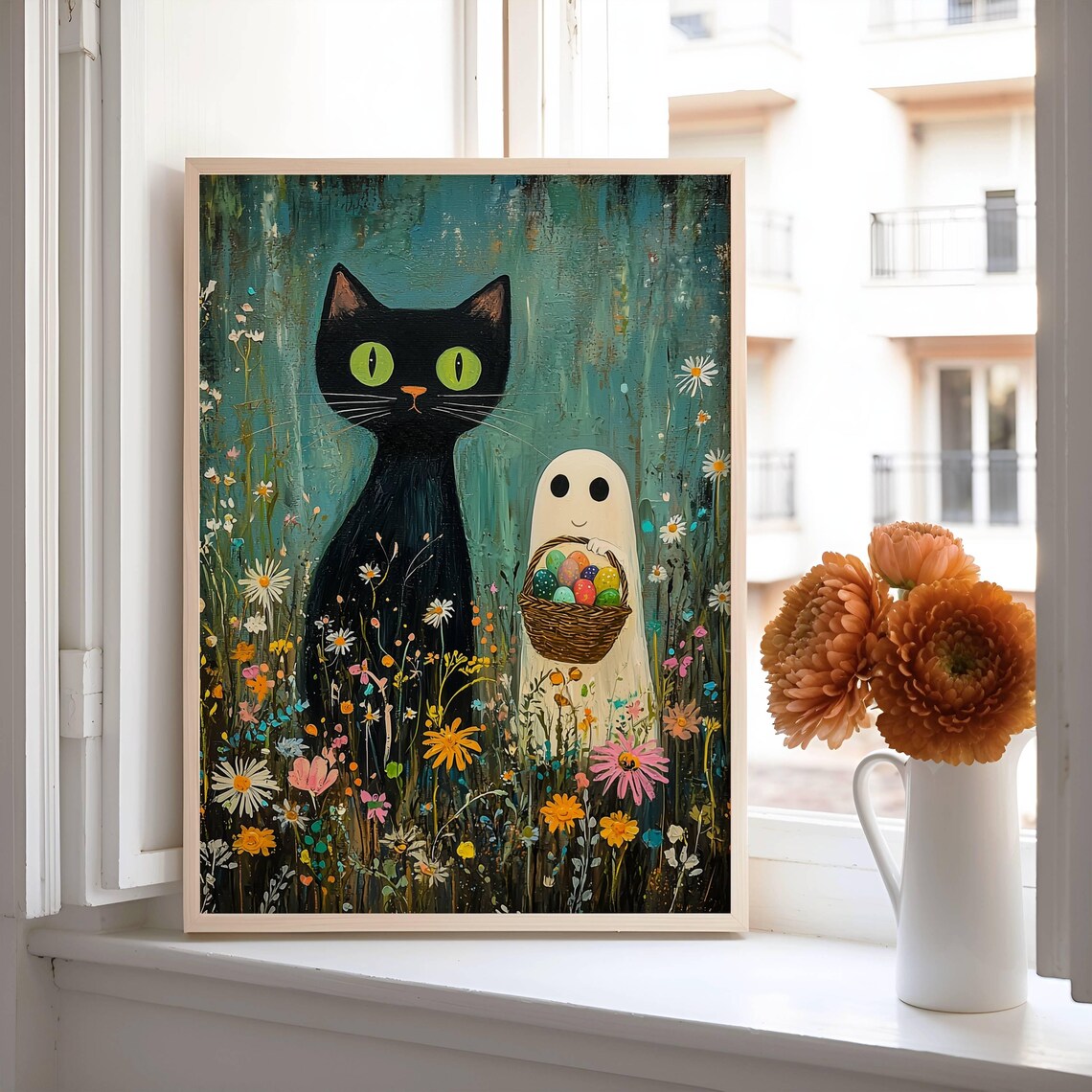 Black Cat and Tiny Ghost Hunting Easter Eggs Among Spring Wildflowers Poster - Image 6