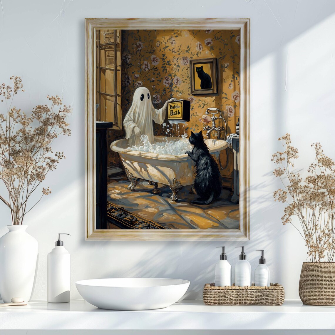 Ghost Pouring Bubble Bath for Black Cat Vintage Victorian Bathroom Poster - Image 2