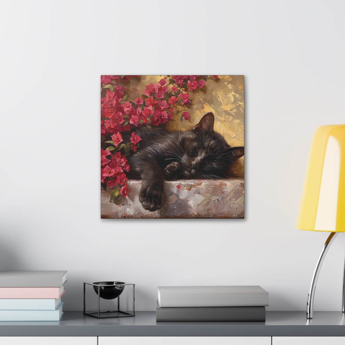 Black Cat Sleeping Among Red Bougainvillea Flowers Oil Painting Poster - Image 5