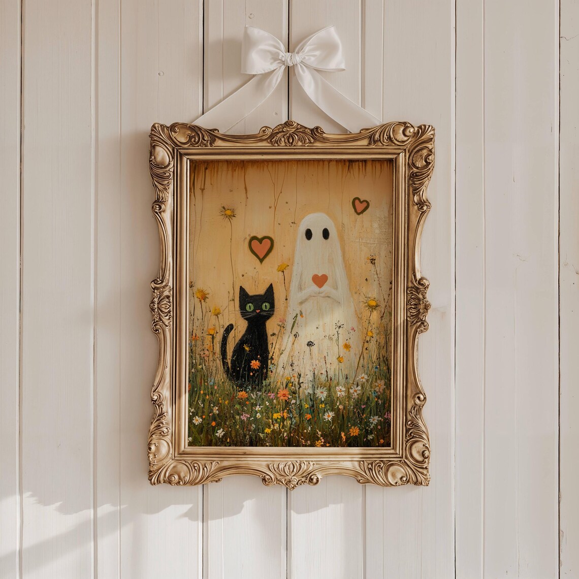 Gentle Ghost Holding a Heart Beside a Black Cat in a Golden Meadow Poster - Image 3