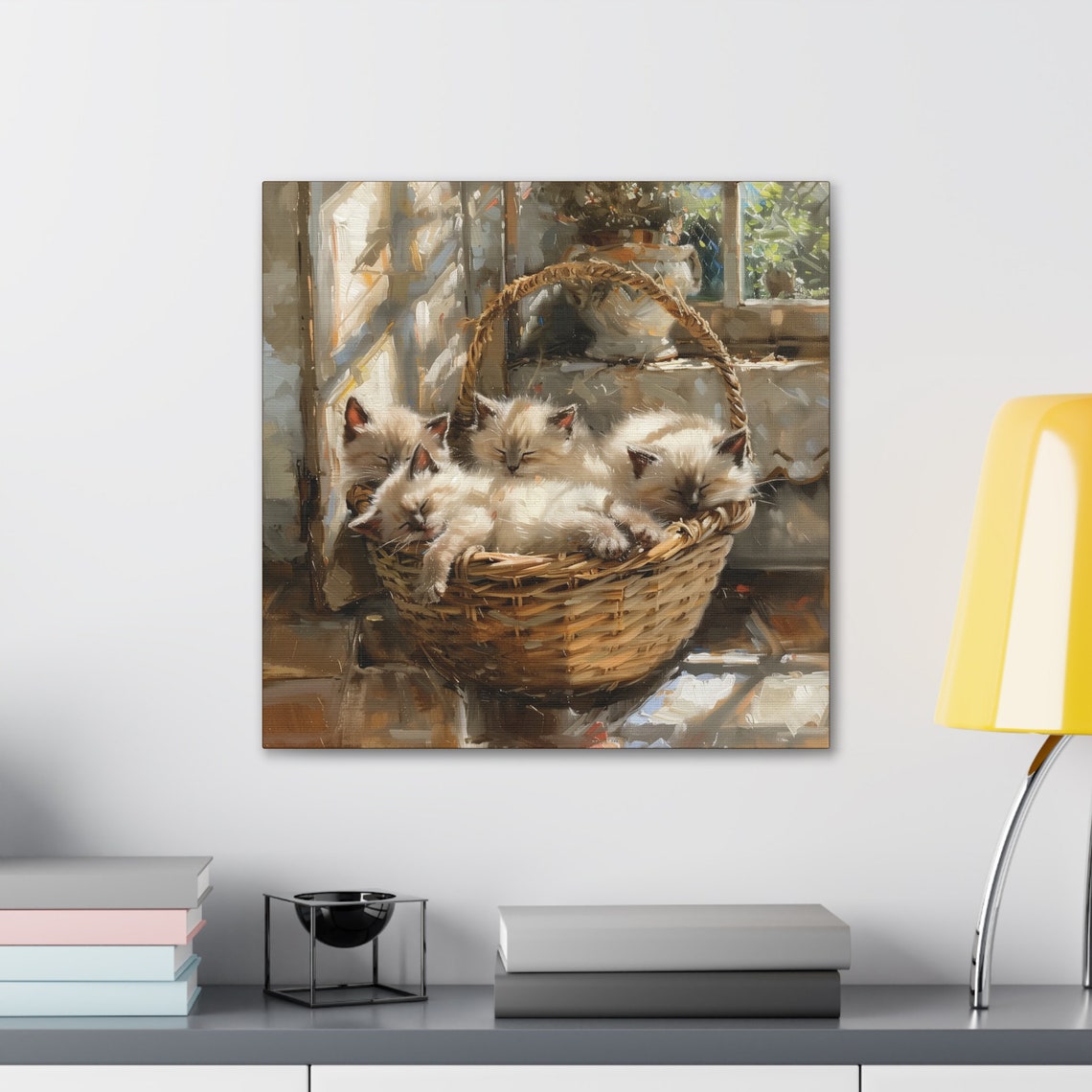 Four Sleeping Siamese Kittens in Wicker Basket Sunlit Window Poster - Image 3
