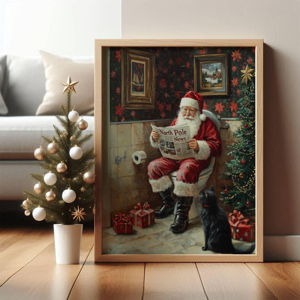 Santa Claus and Black Cat Bathroom Christmas Poster - Image 6
