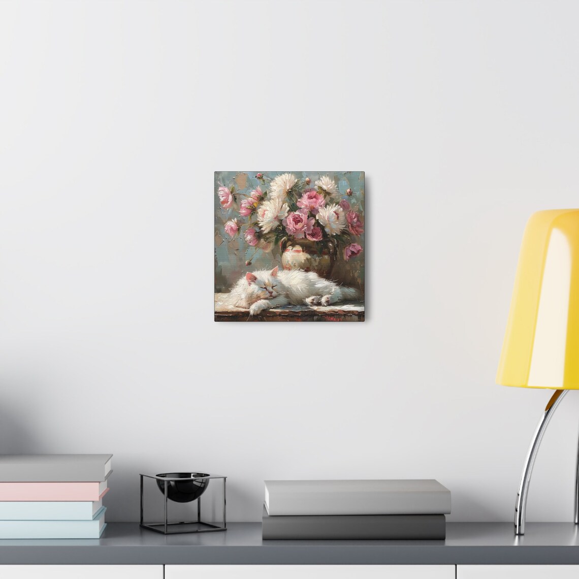 White Cat Sleeping in Front of a Vase of Pink Peonies Poster - Image 5