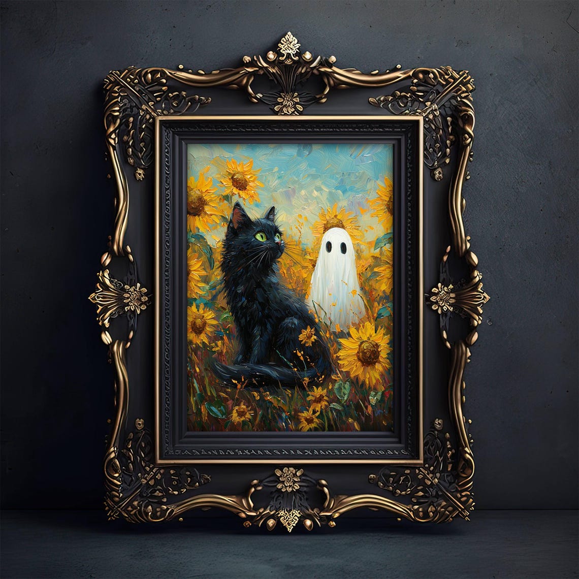 Black Cat and Ghost Standing in a Bright Sunflower Field Poster - Image 3