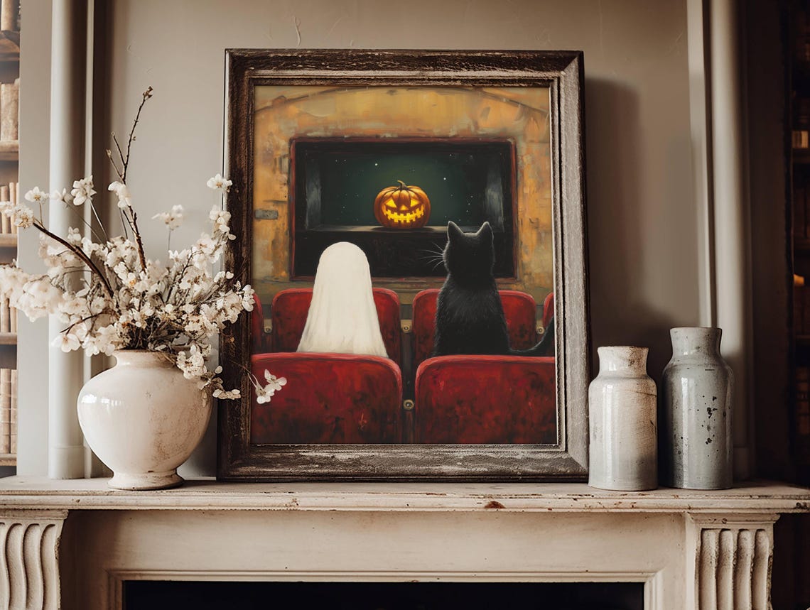 Ghost and Black Cat Watching a Pumpkin Movie in a Theater Poster - Image 4
