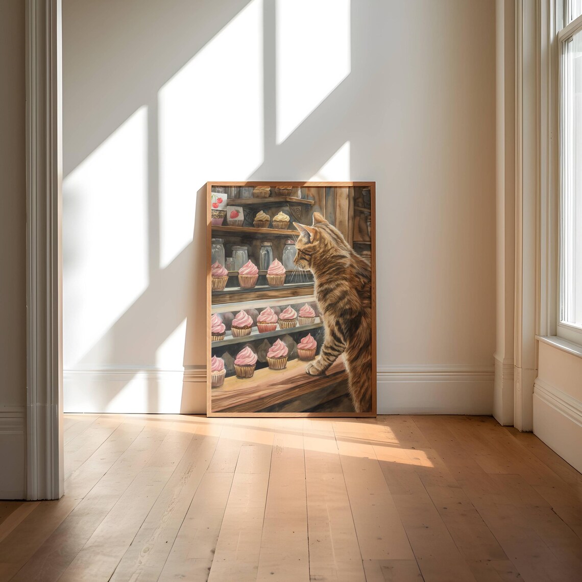 Tabby Cat Gazing at Pink Cupcakes in Bakery Display Watercolor Poster - Image 2