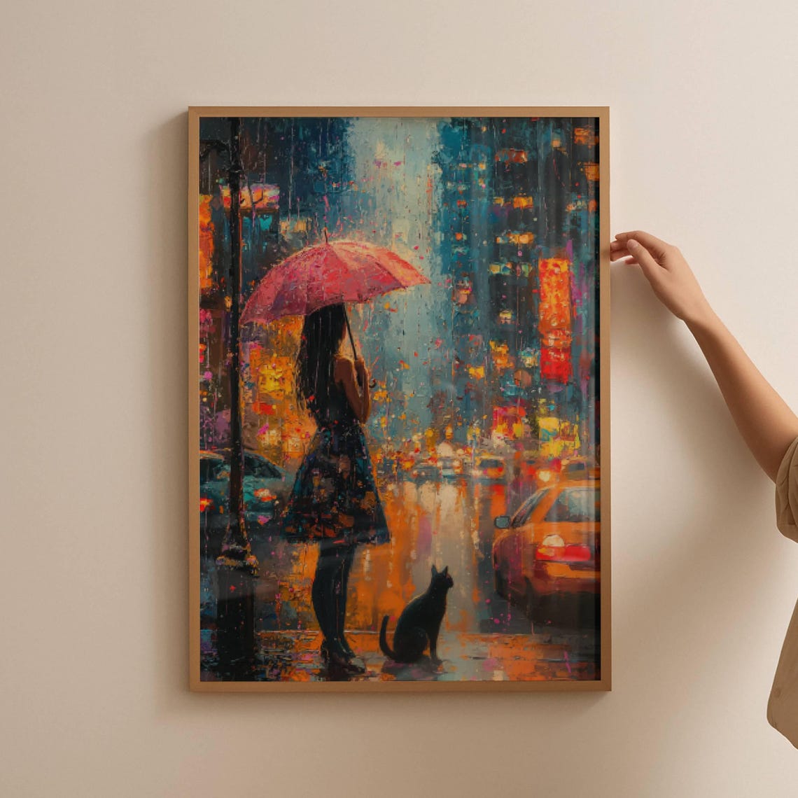 Impressionist Girl And Cat In Rain Poster Cityscape Wall Art Decor Moody Home Decor - Image 3