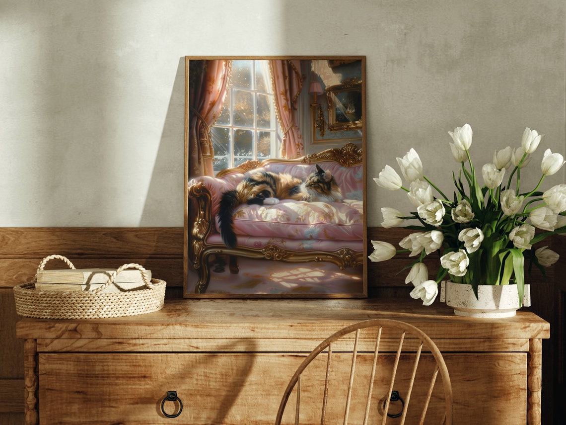 Long Haired Calico Cat Lounging On A Pink Baroque Chaise Poster - Image 4