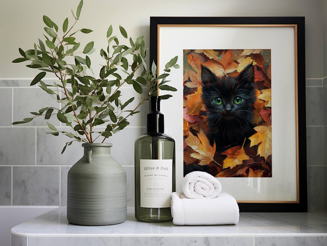 Black Kitten With Green Eyes Among Autumn Fall Leaves Poster - Image 3