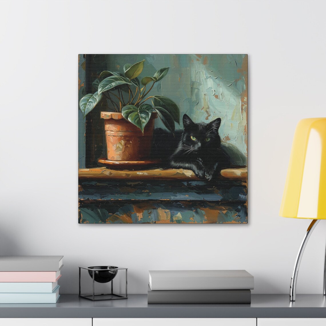 Black Cat Resting by Potted Plant on Windowsill Oil Painting Poster - Image 3